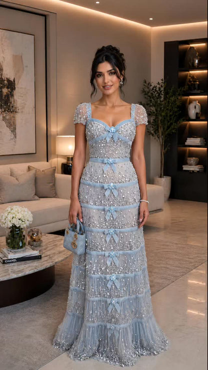 Beaded Tiered Bow Gown with Cap Sleeves