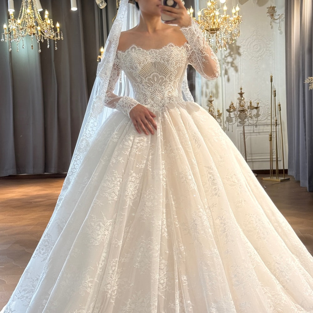 Off-Shoulder Long Sleeve Lace Ball Gown Wedding Dress