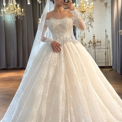 Off-Shoulder Long Sleeve Lace Ball Gown Wedding Dress