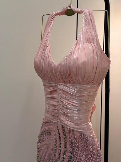 Halter Ruched Bodice Beaded Mermaid Gown