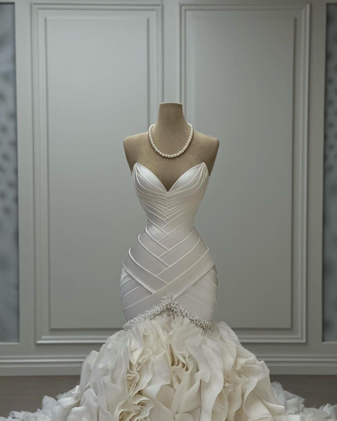 Pleated Mermaid Wedding Dress with Ruffled Train