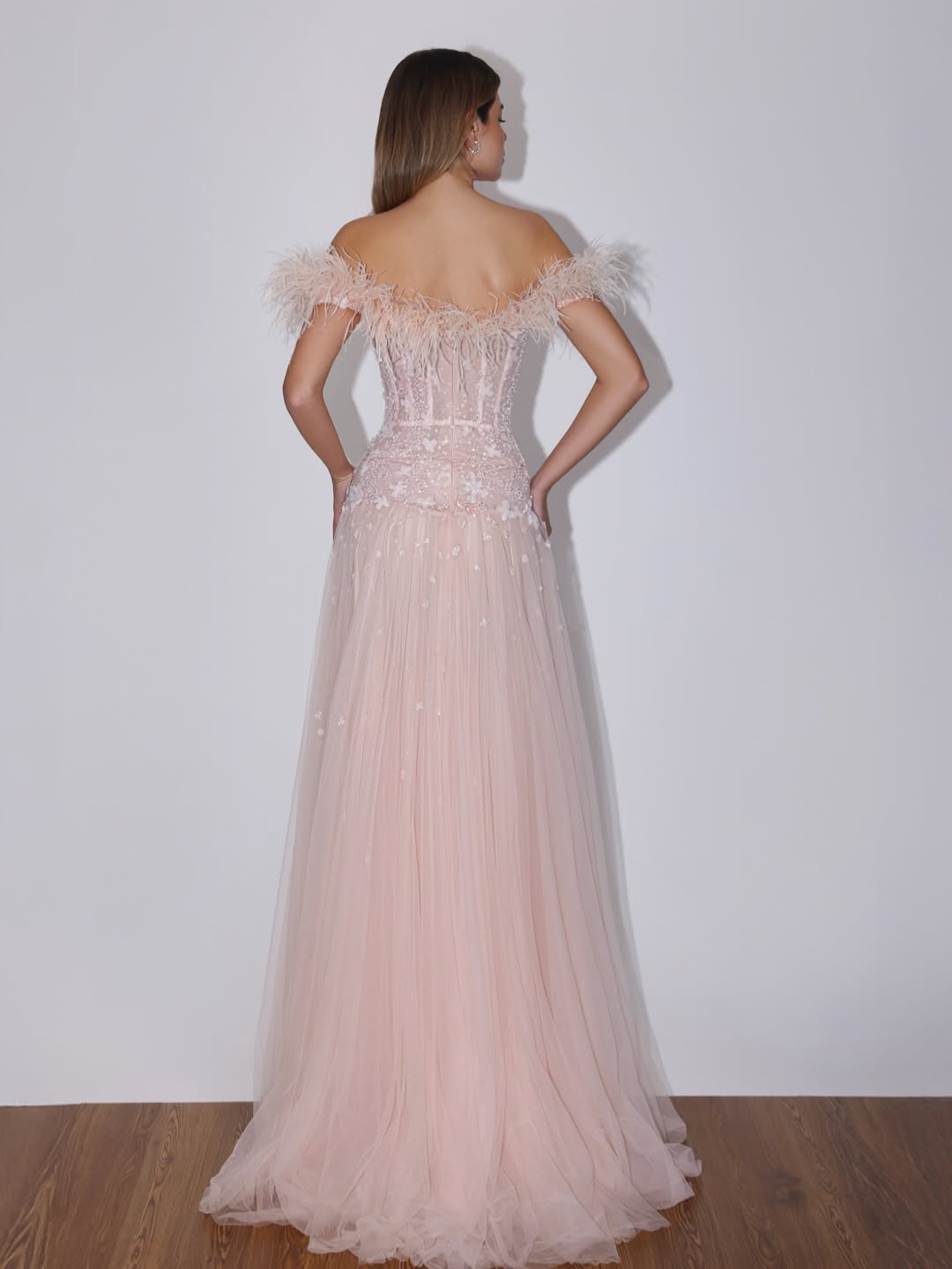 Feather Off-Shoulder Corset Tulle Gown