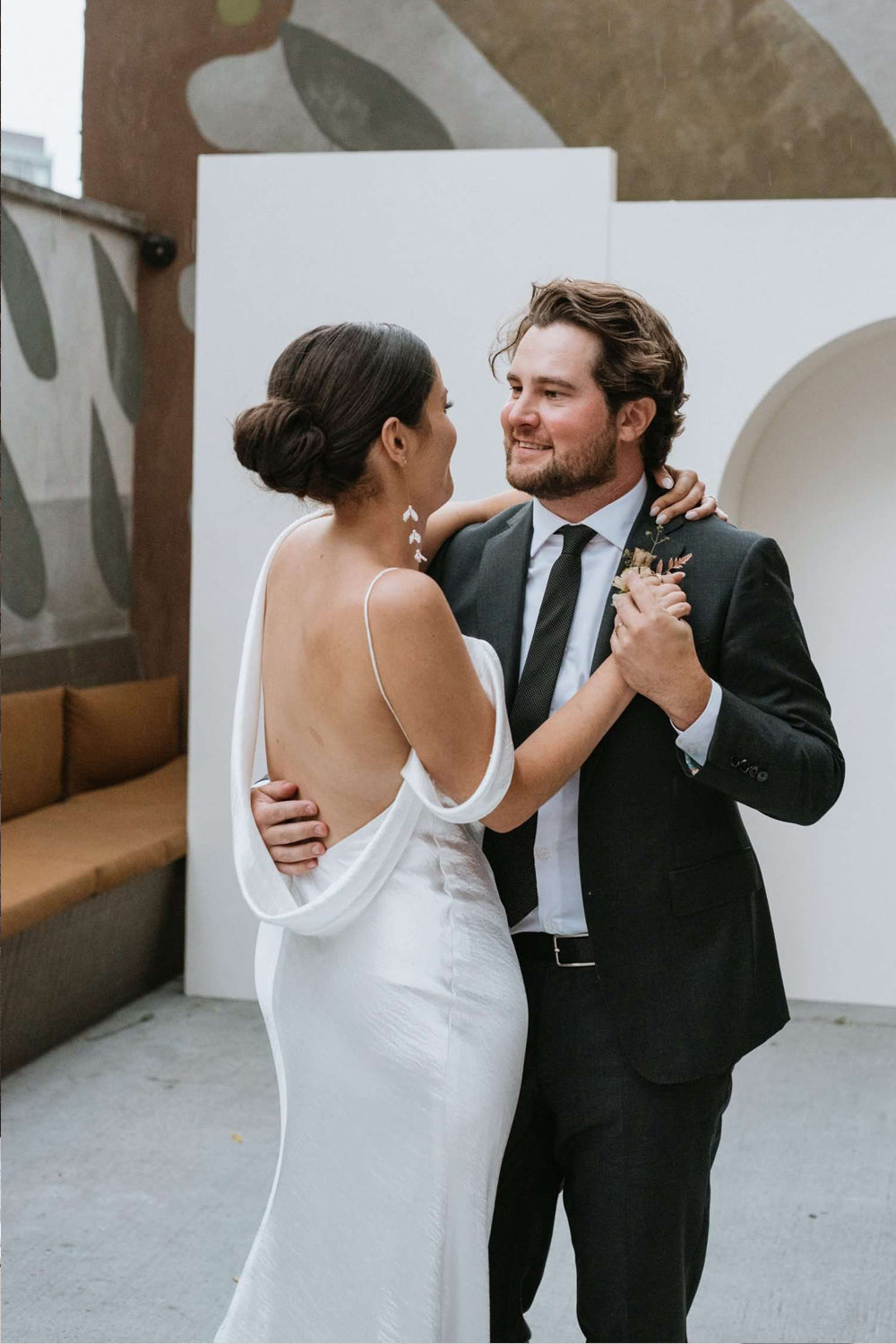 Asymmetrical Cowl Neck Satin Slip Wedding Dress