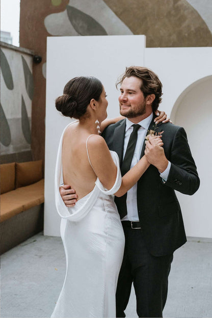 Asymmetrical Cowl Neck Satin Slip Wedding Dress