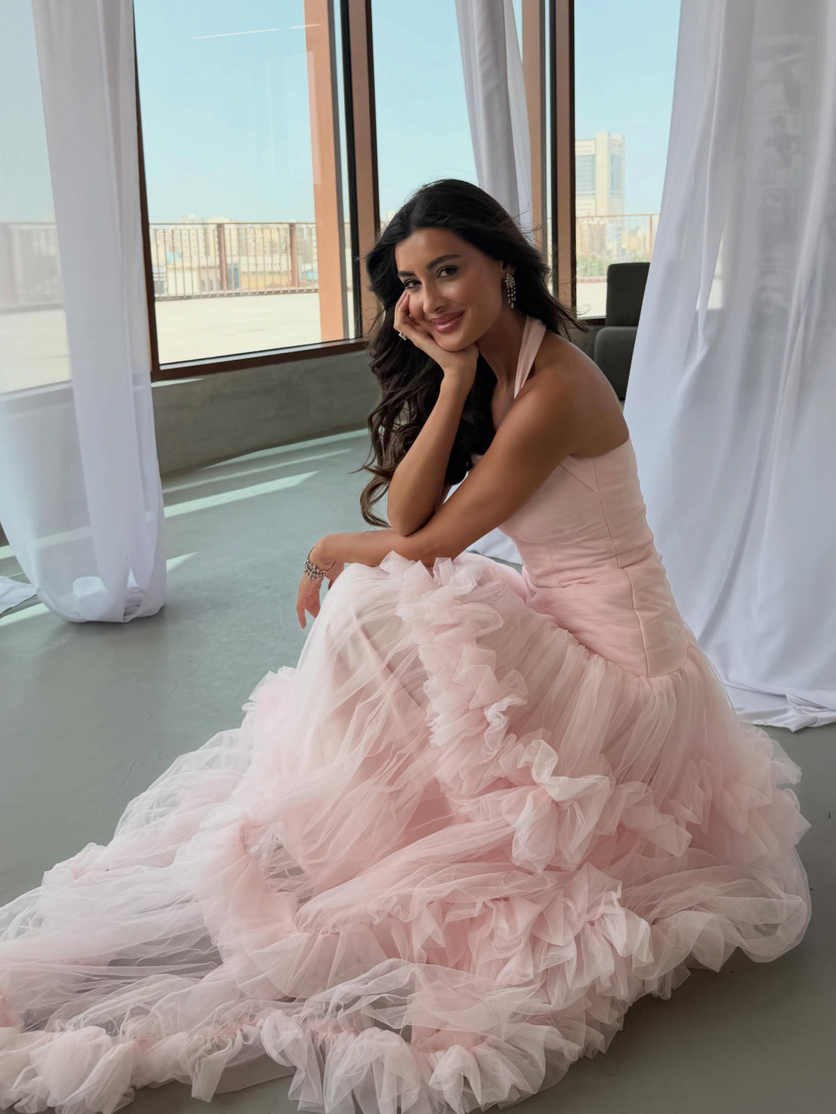 Tiered Tulle Ruffle Halter Evening Gown