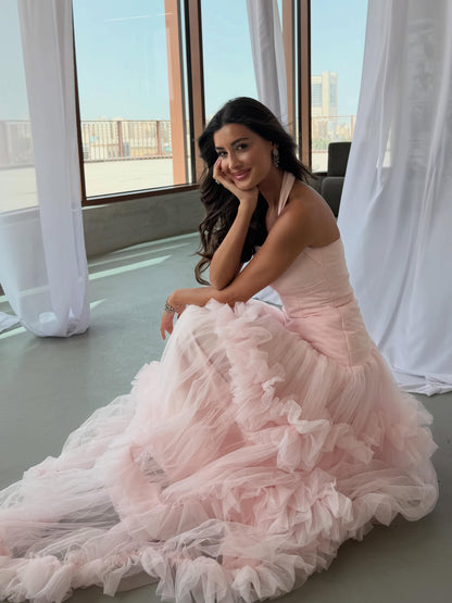 Tiered Tulle Ruffle Halter Evening Gown
