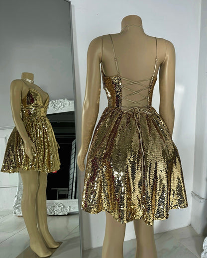 Sequin A-Line Homecoming Dress with Lace-Up Back