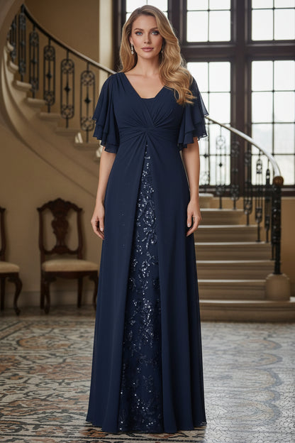 V-Neck Sequin Gown with Chiffon Overskirt & Flutter Sleeves