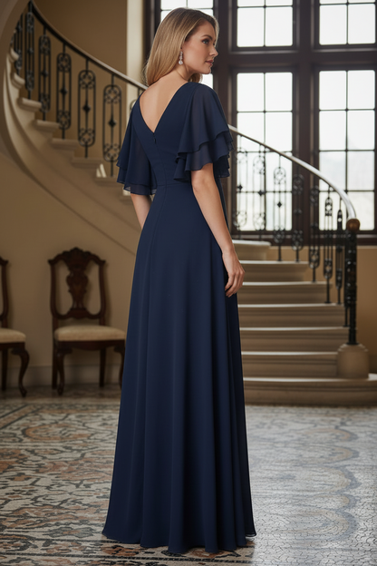 V-Neck Sequin Gown with Chiffon Overskirt & Flutter Sleeves