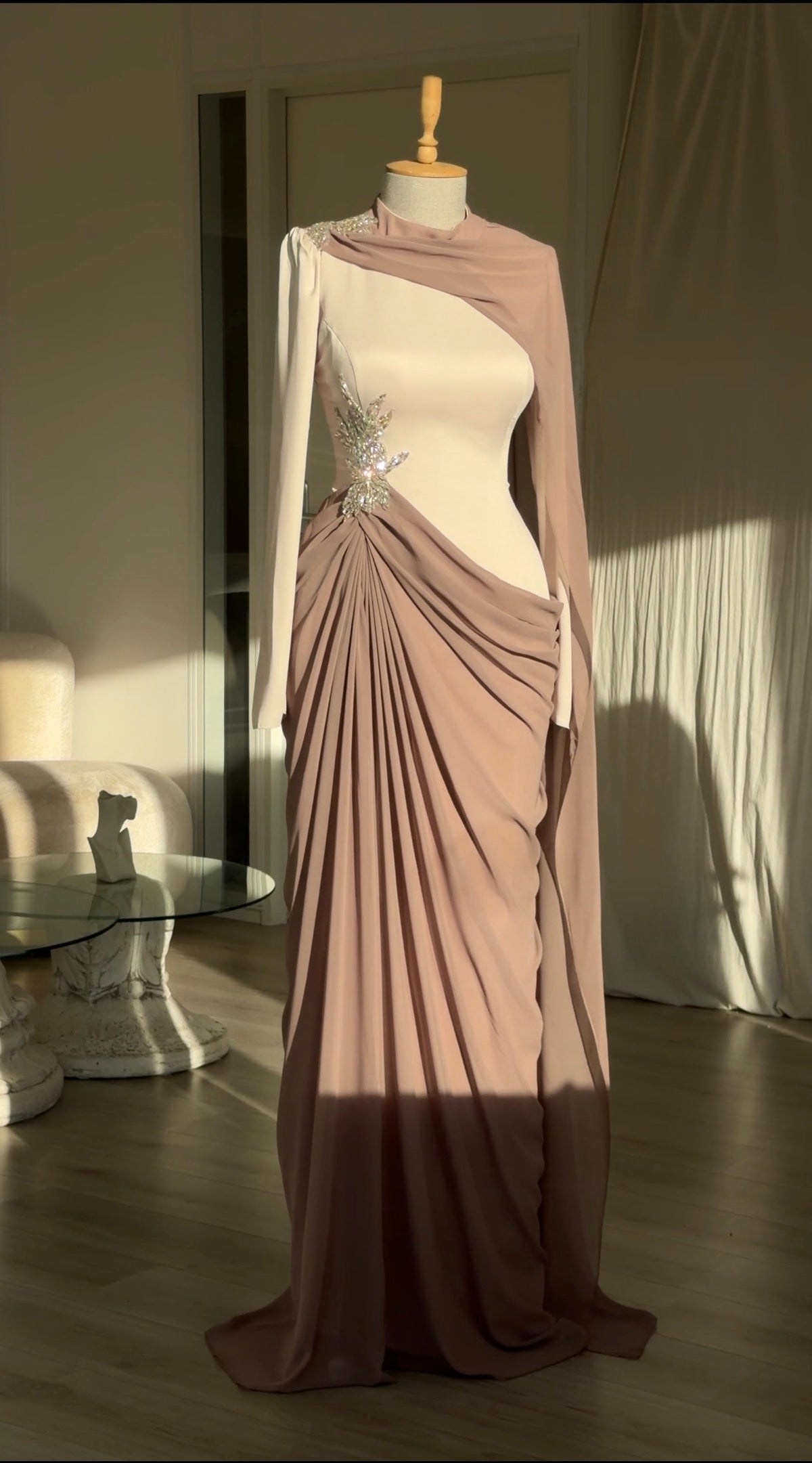 Draped Cape Gown with Crystal Embellishment