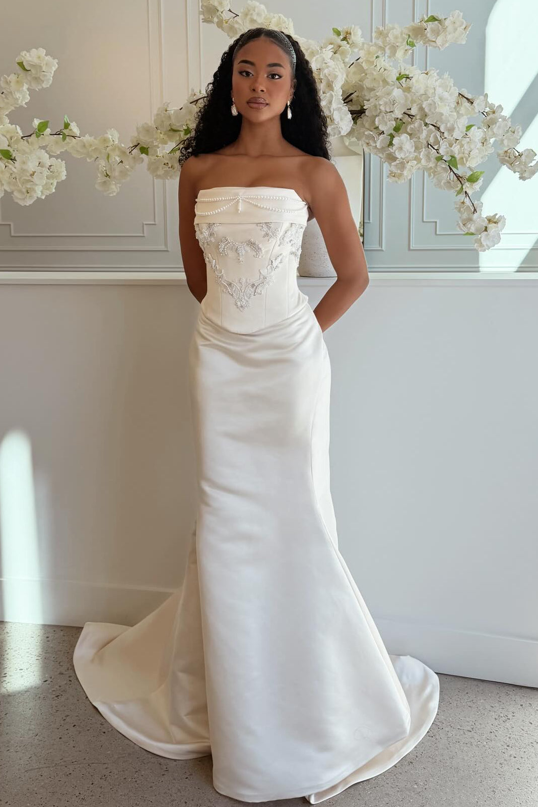 Strapless Pearl Beaded Corset Satin Gown