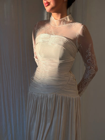 Ruched Drop Waist Gown with Illusion Lace Sleeves