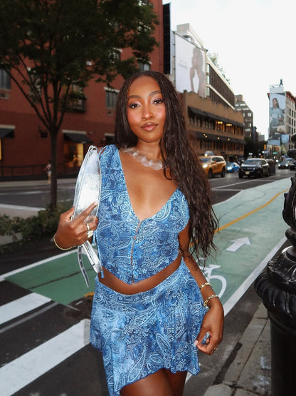 Paisley Print Two-Piece Crop Top and Mini Skirt Set