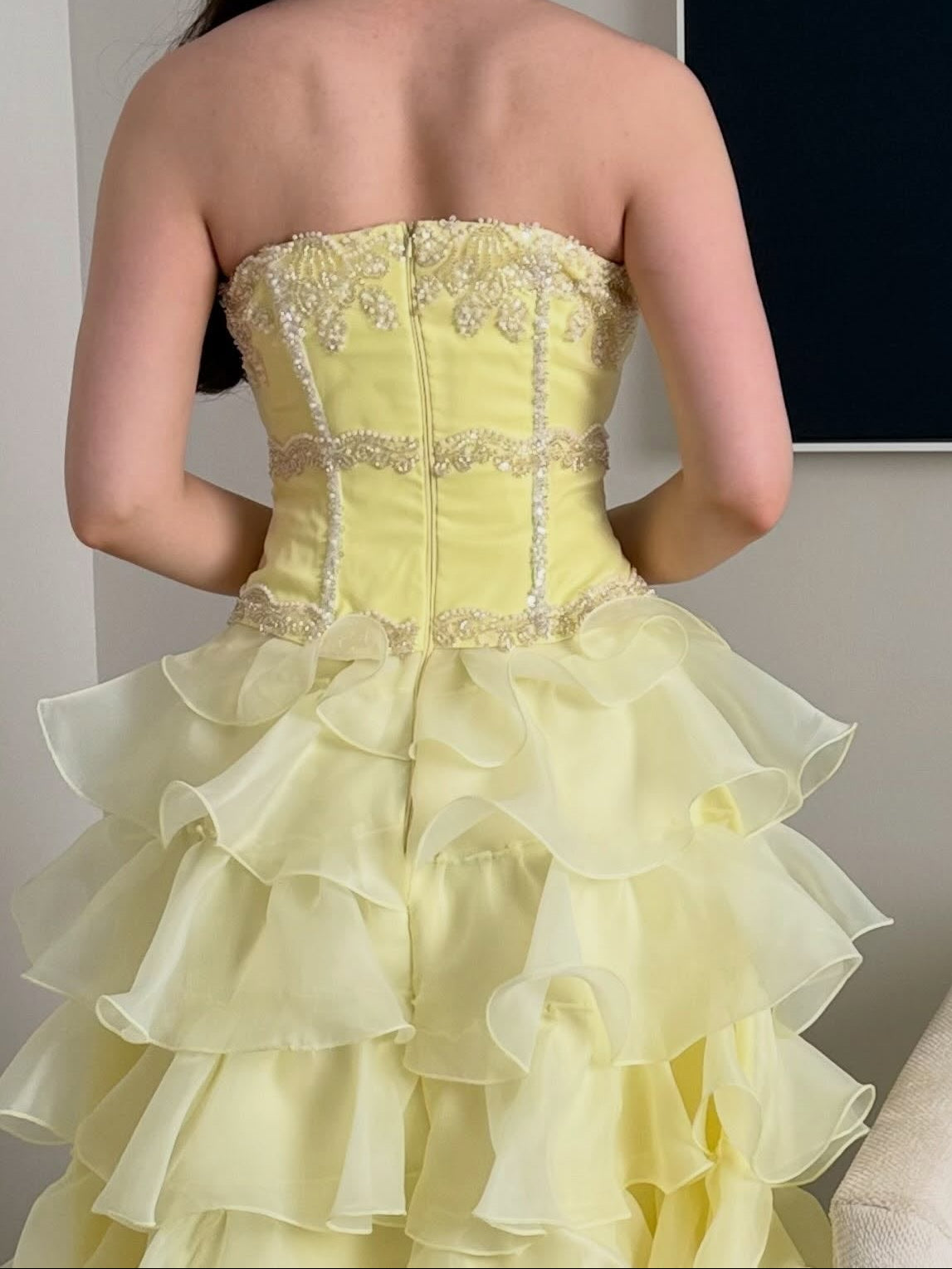 Strapless Tiered Ruffle Ball Gown with Beaded Bodice