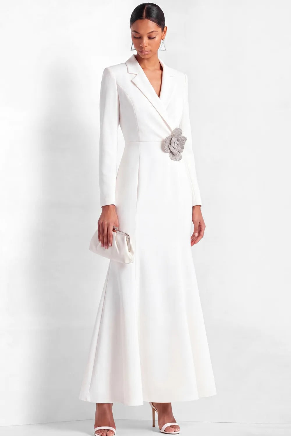 Tuxedo Blazer Gown with 3D Flower Accent