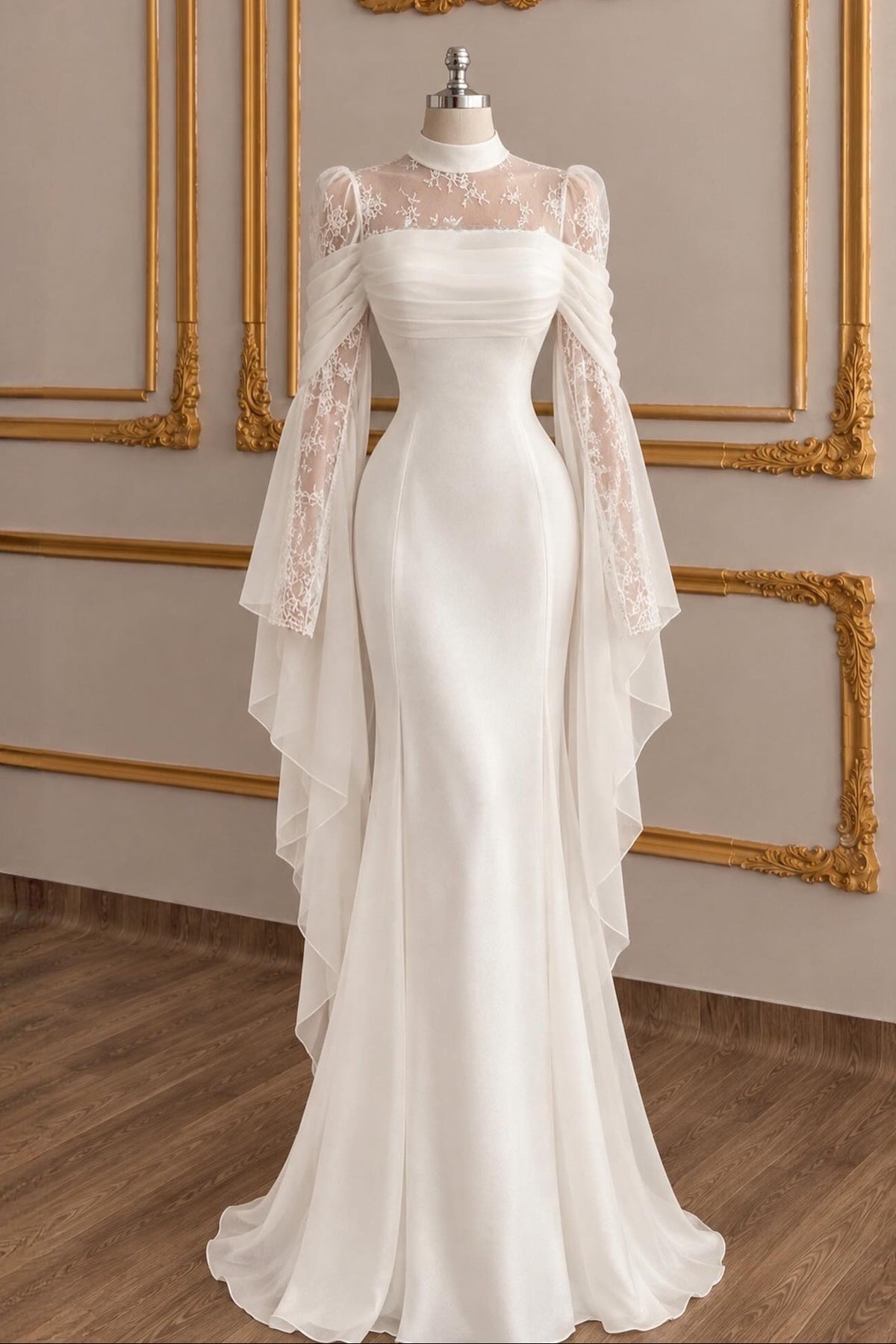 High Neck Mermaid Wedding Dress with Draped Sleeves