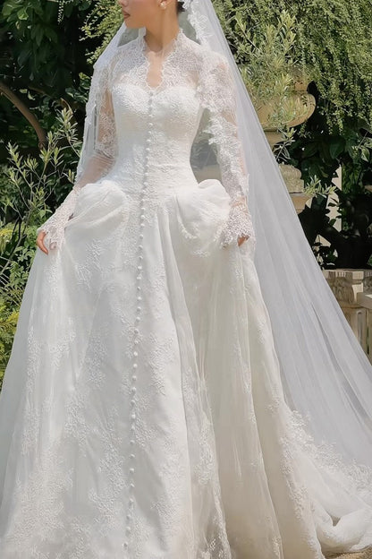 Illusion Lace Long Sleeve Ball Gown Wedding Dress