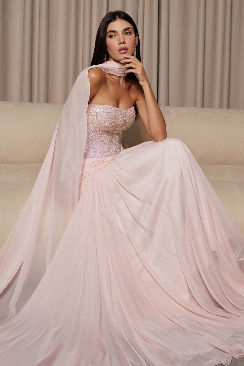 Beaded Strapless Chiffon Cape Gown