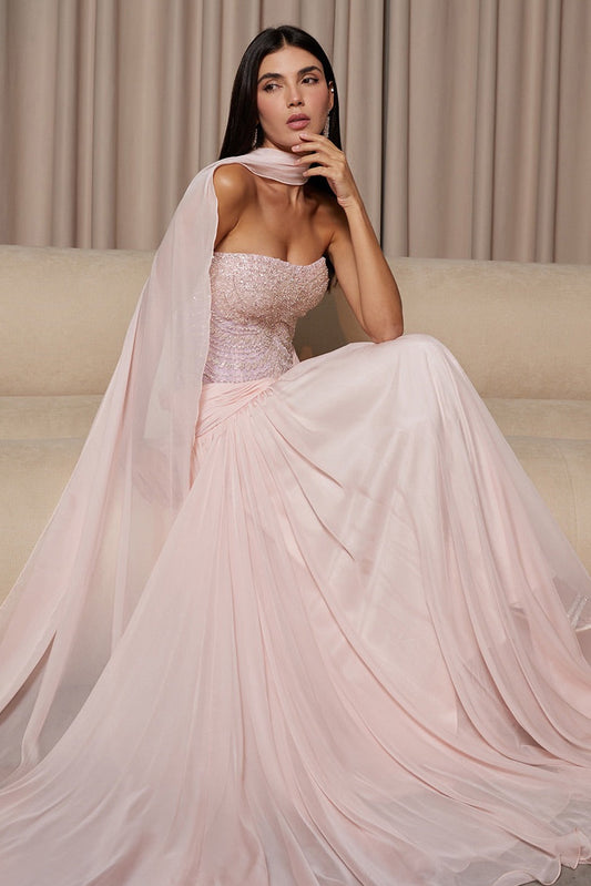 Beaded Strapless Chiffon Cape Gown