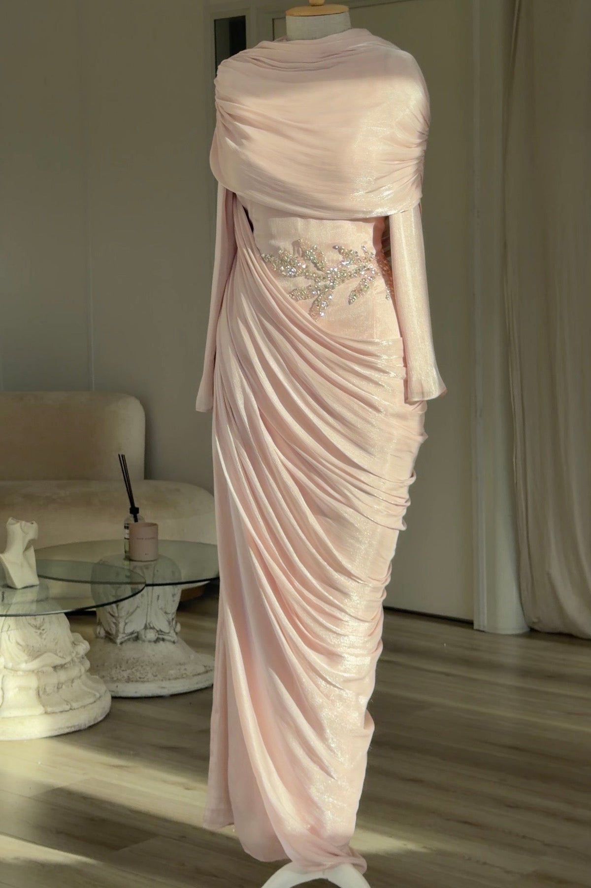 Draped Cowl Maxi Evening Gown with Beaded Waist