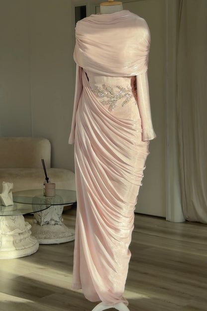 Draped Cowl Maxi Evening Gown with Beaded Waist