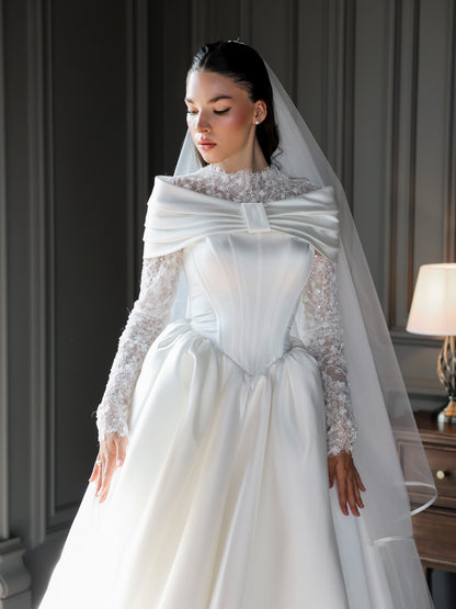 Lace High-Neck Ball Gown Wedding Dress with Train