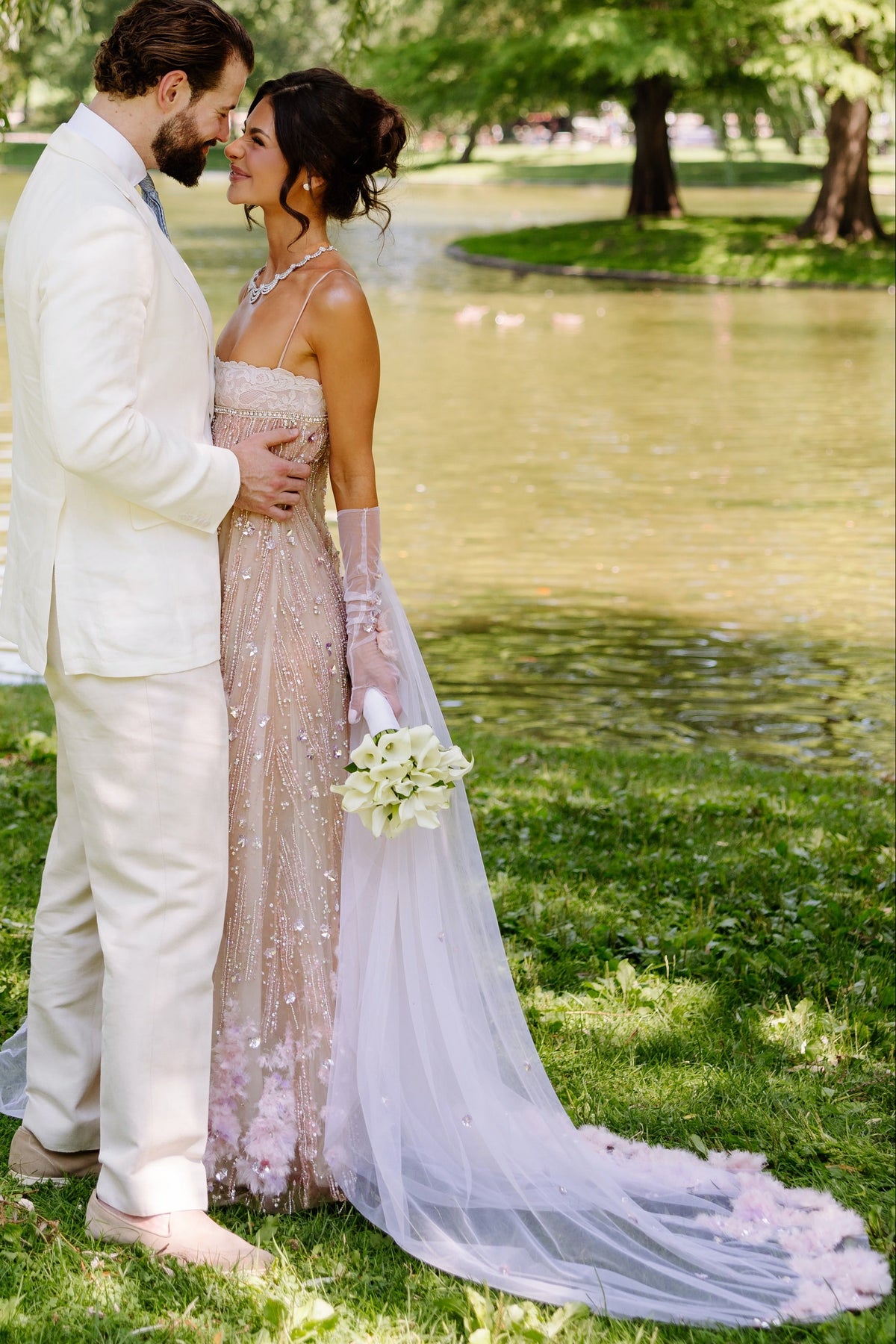 Beaded Fringe Column Gown with 3D Appliques