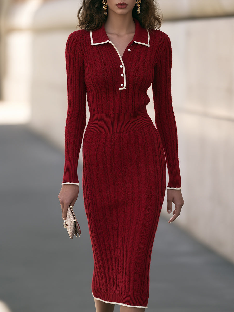 Cable Knit Midi Polo Dress with Contrast Trim