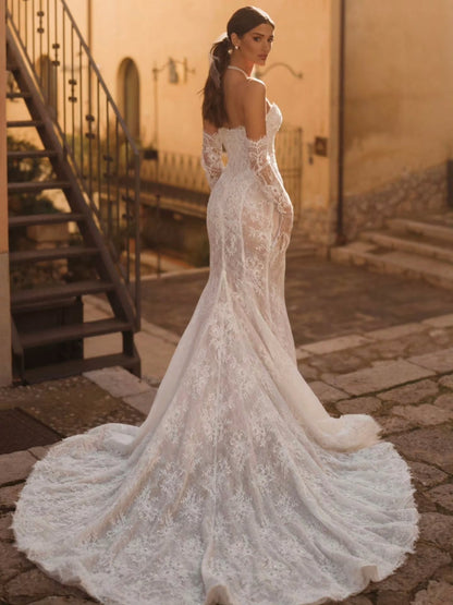 Lace Trumpet Wedding Dress with Detachable Overskirt