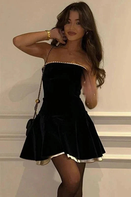 Velvet Strapless Corset Mini Dress with Pearl Trim