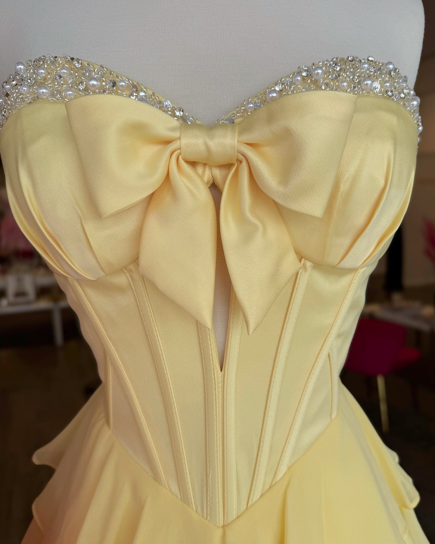 Strapless Bow Corset Tiered Ruffle Mini Dress