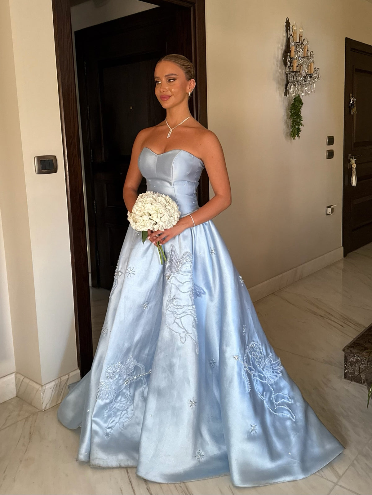 Strapless Cherub Embroidered Ball Gown