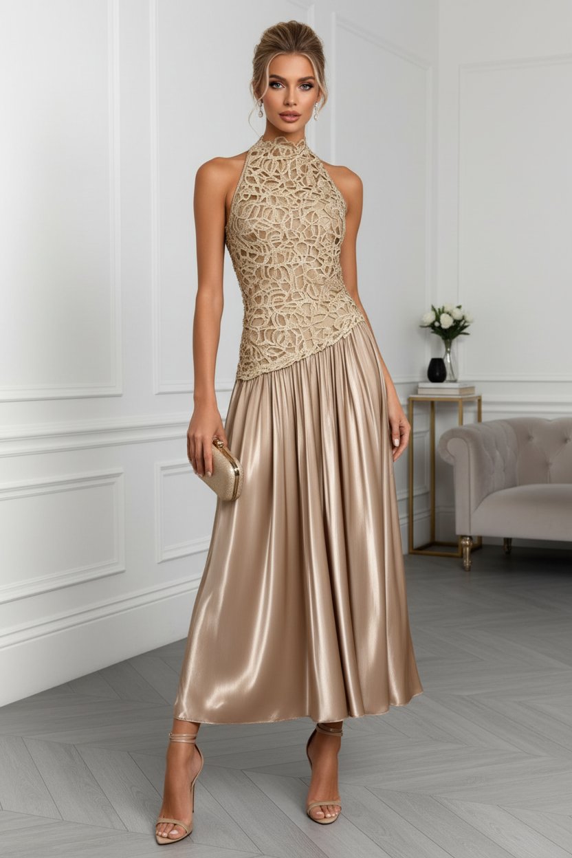 High Neck Lace Bodice Satin Midi Dress