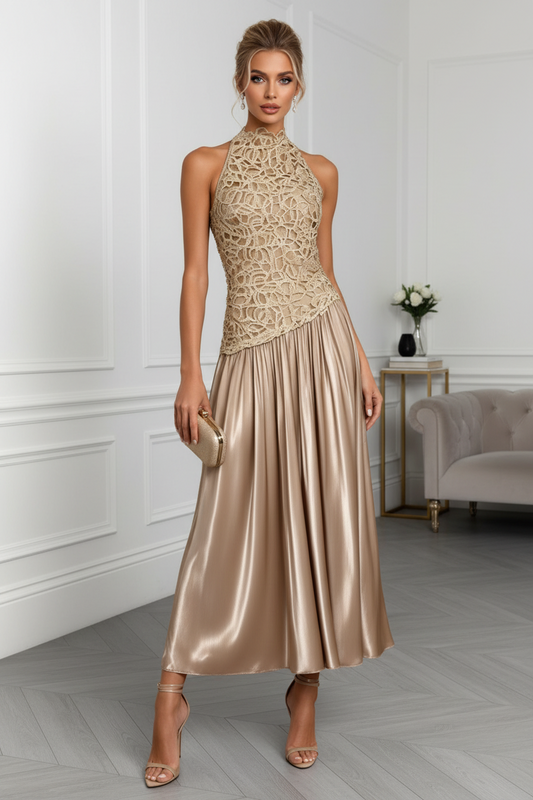High Neck Lace Bodice Satin Midi Dress