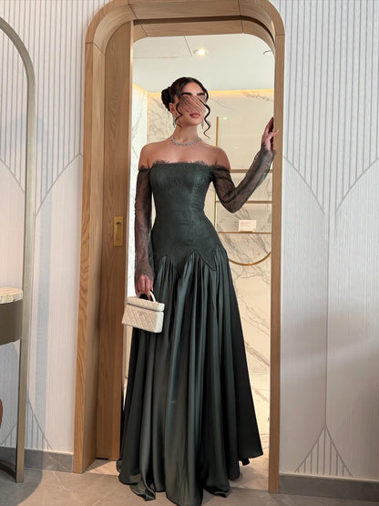 Off-Shoulder Lace Sleeve Satin Evening Gown
