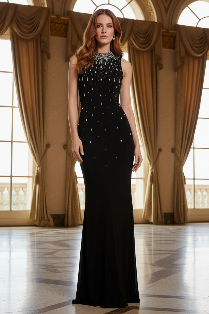Beaded High-Neck Sleeveless Evening Gown