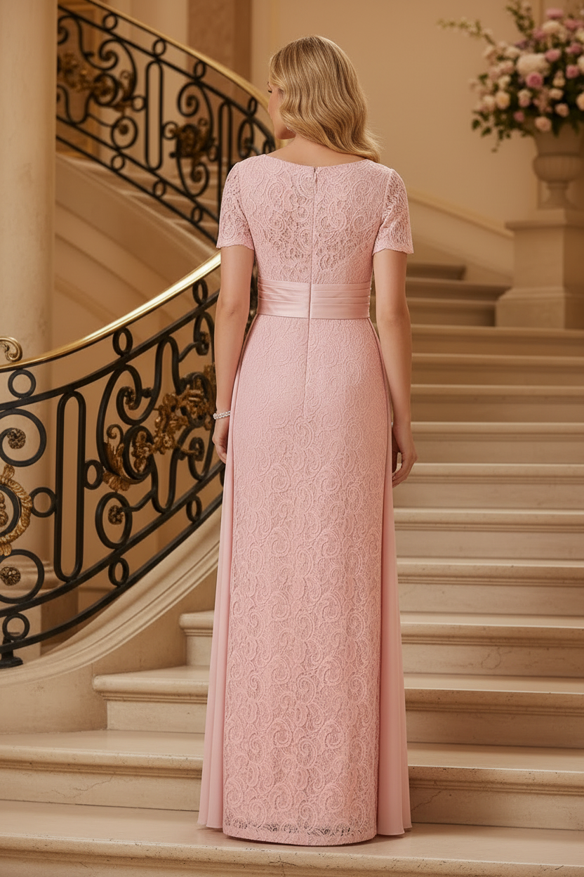 Lace Sheath Evening Gown with Satin Side Drape