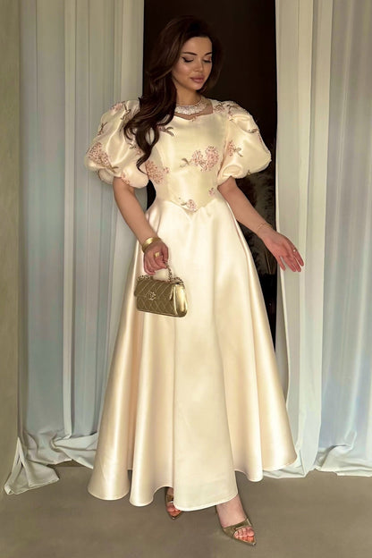 Embroidered Puff Sleeve A-Line Dress