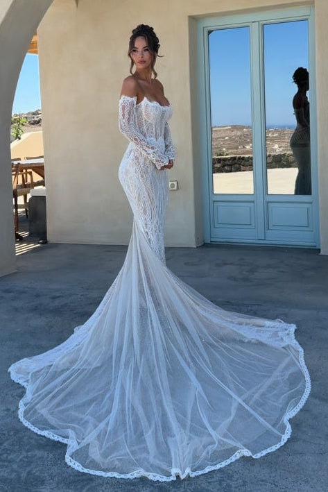 Lace Mermaid Wedding Dress with Long Sleeves & Train