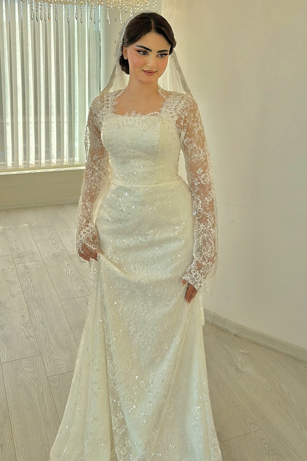 Square Neck Lace Long Sleeve Wedding Dress