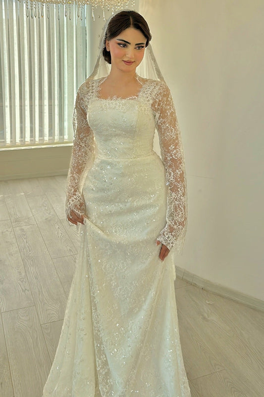 Square Neck Lace Long Sleeve Wedding Dress