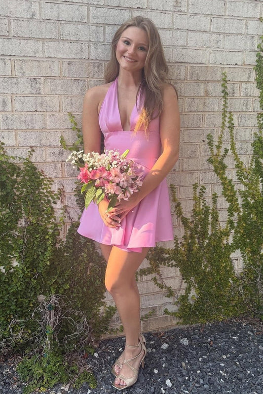 Satin Halter Deep V-Neck Mini Dress