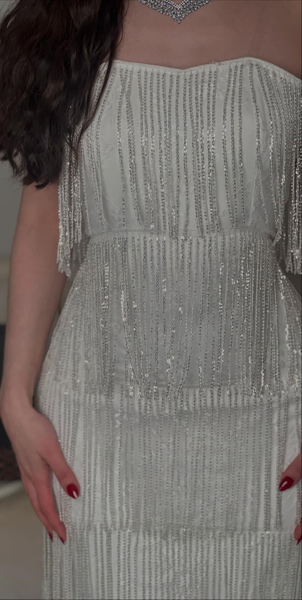 Tiered Fringe Sequin Column Maxi Dress
