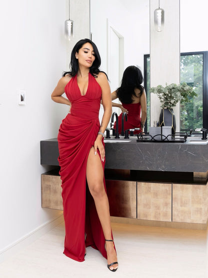 Halter Neck High Slit Ruched Evening Gown