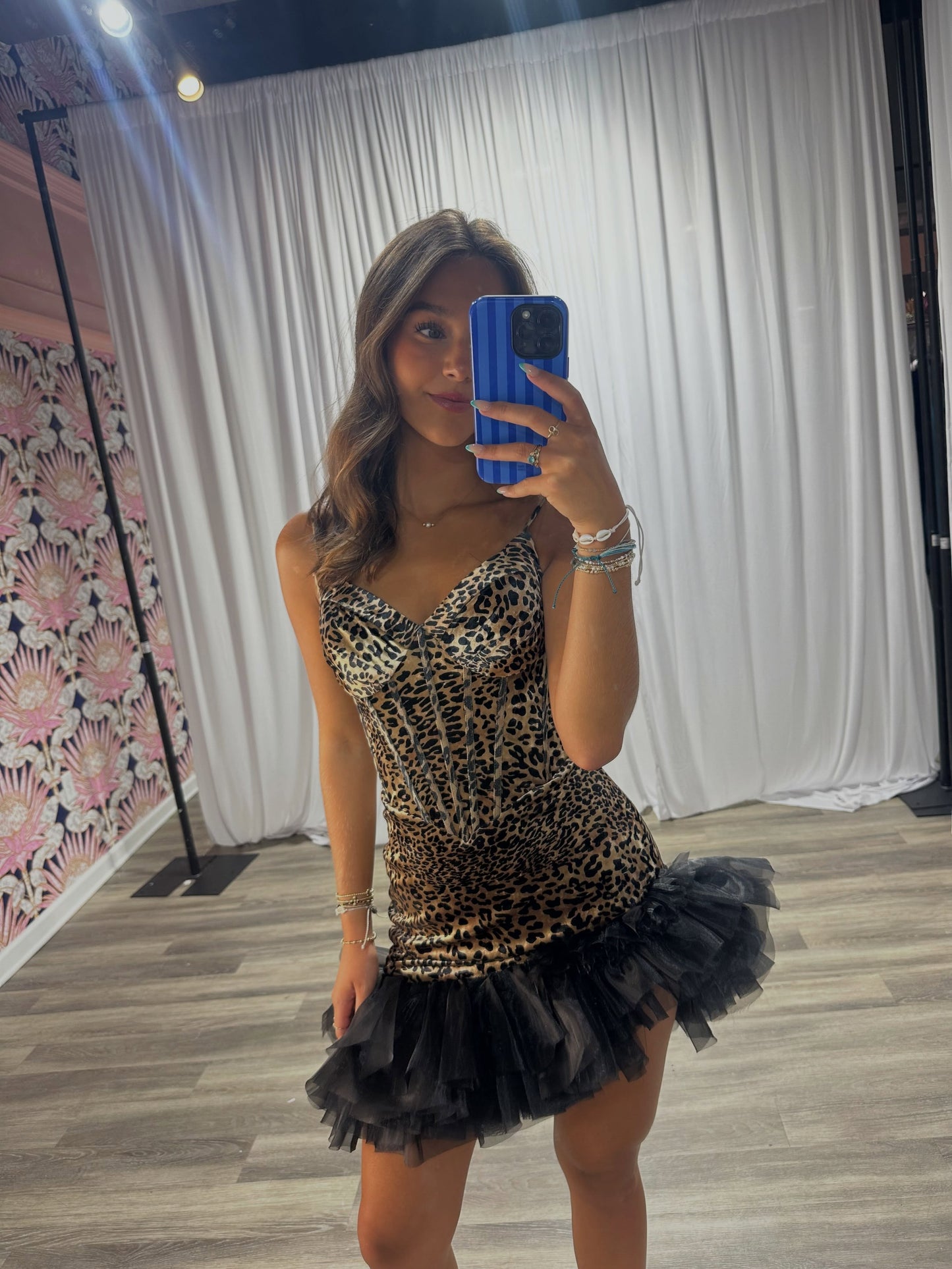 Leopard Print Corset Mini Dress with Tulle Hem