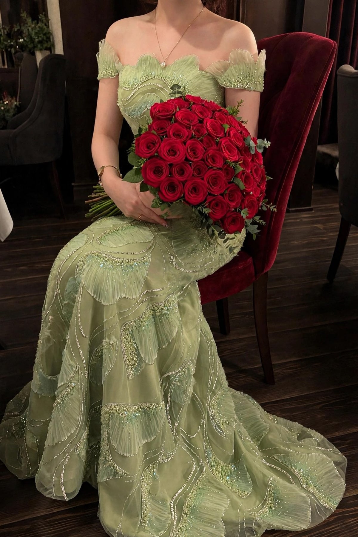 Off-the-Shoulder Beaded Mermaid Evening Gown
