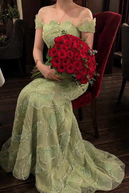 Off-the-Shoulder Beaded Mermaid Evening Gown