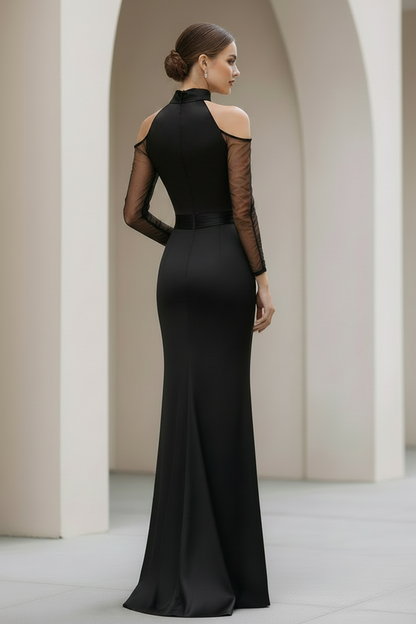 Cold Shoulder Halter Mesh Sleeve Mermaid Maxi Dress