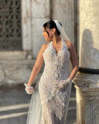 Halter Lace Mermaid Wedding Dress with Detachable Train