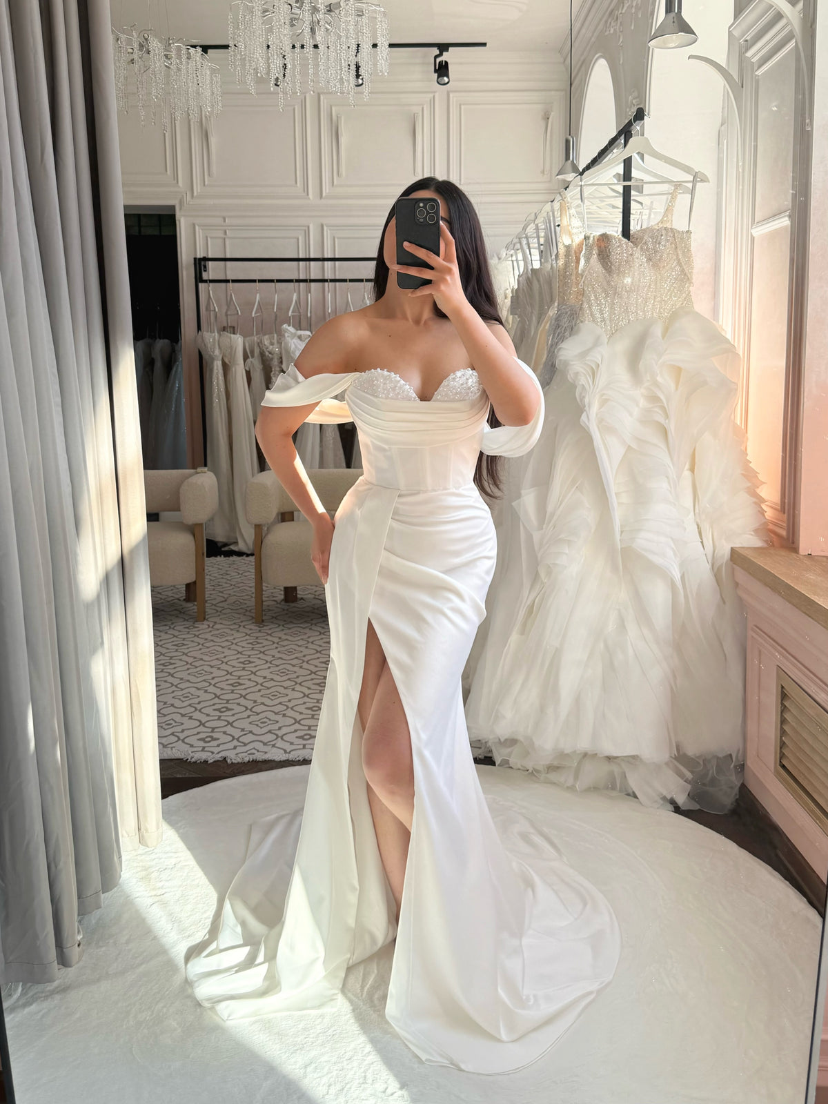 Off-the-Shoulder Corset Wedding Dress with Slit
